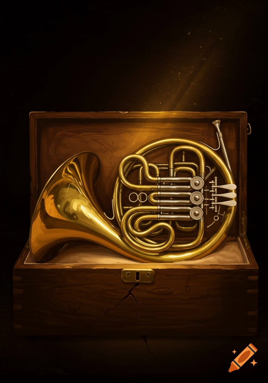 A golden French horn rests inside an open wooden box with light rays shining down.