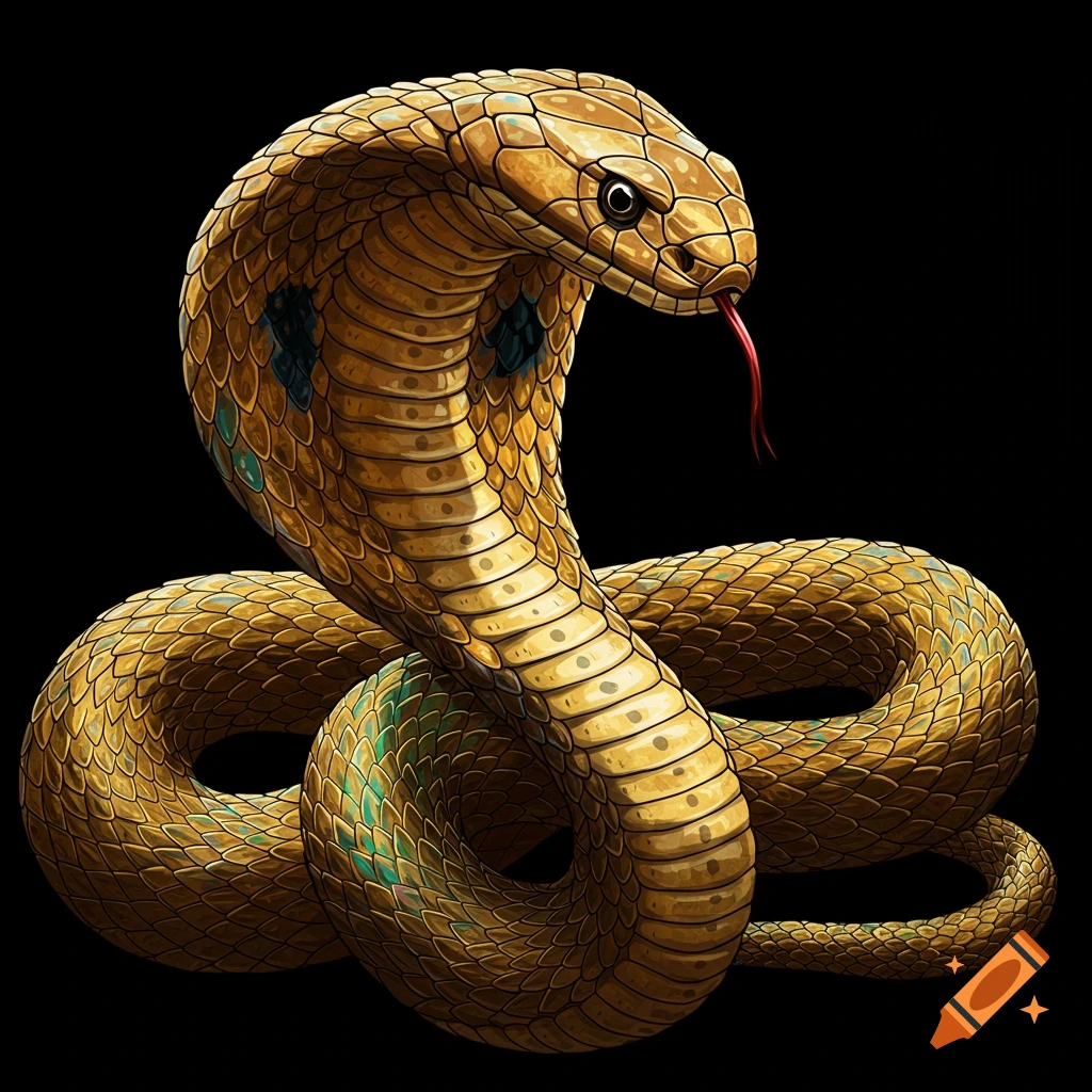A stylized golden cobra is coiled with its hood spread, tongue flicking out, against a black background.