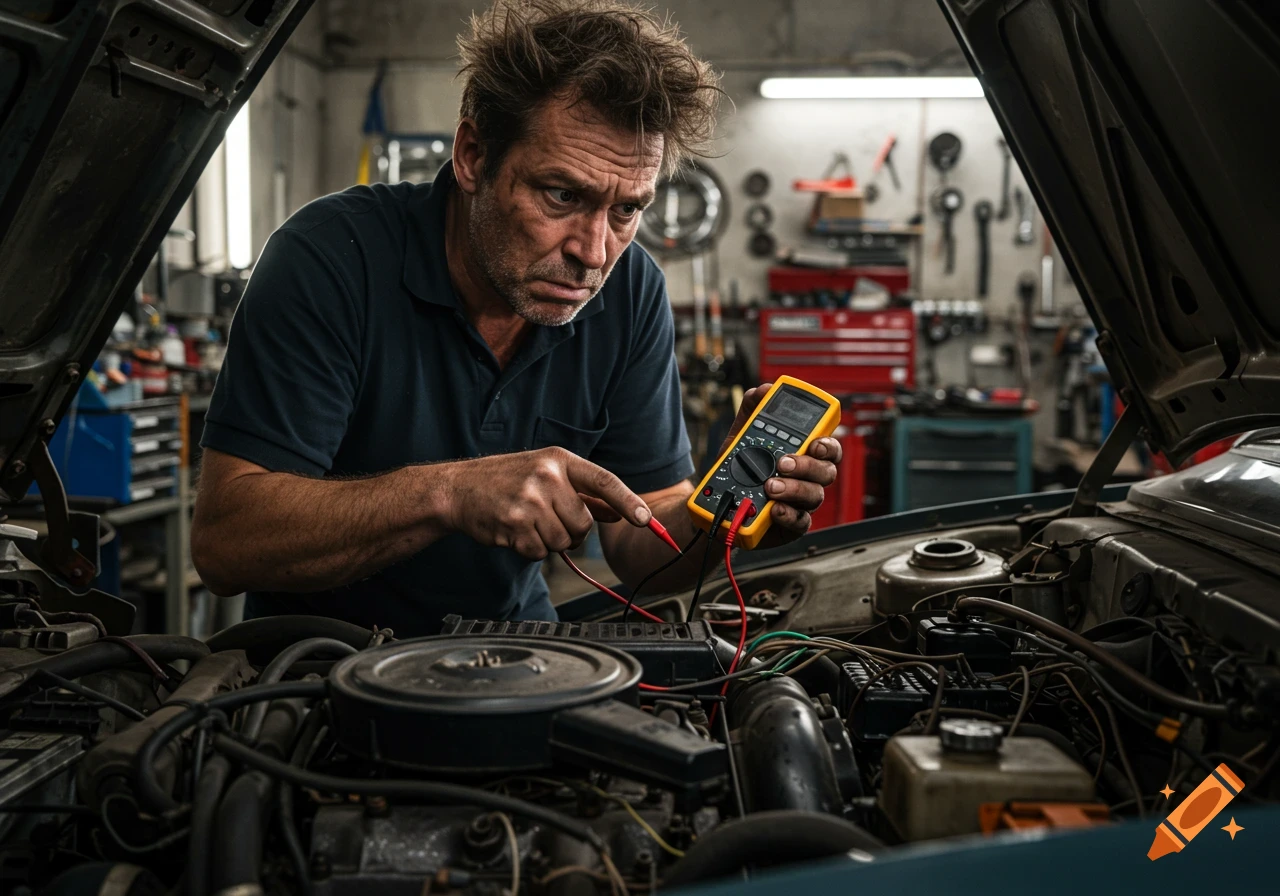 A man examines a car engine with a multimeter in a garage.