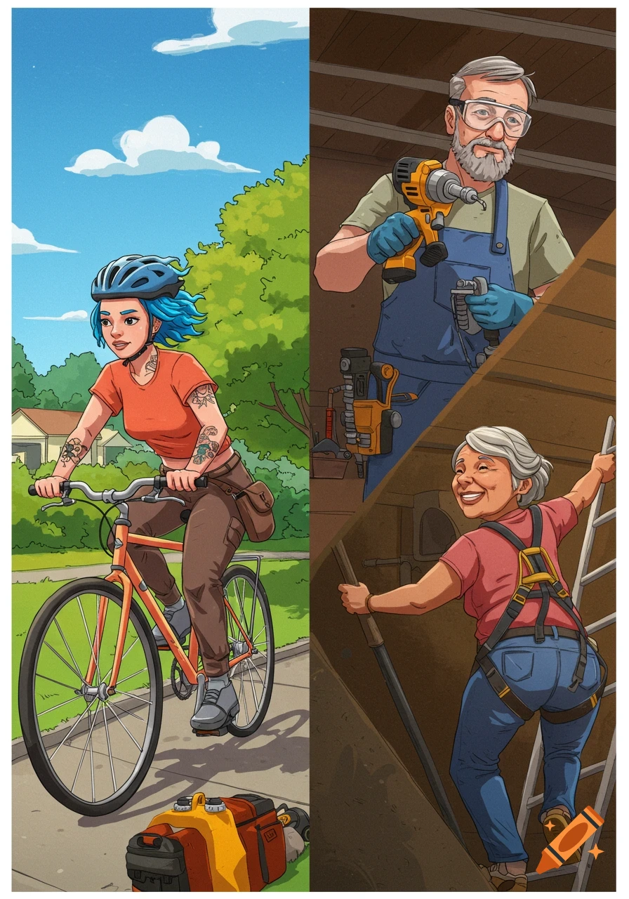 Illustration of a woman cycling, a man drilling, and a woman on a ladder.
