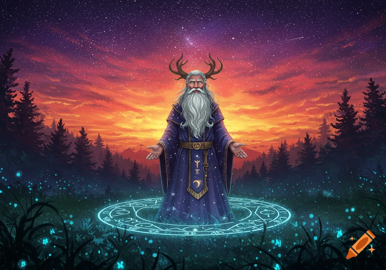 An elder druid with antlers and a starry robe stands in a glowing magic circle in a forest at sunset under a starry sky.