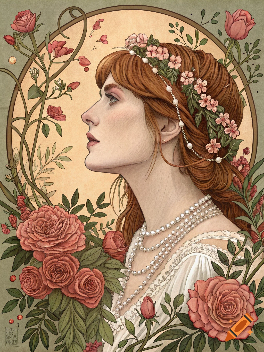 Art nouveau portrait of a woman with flowers and pearls.