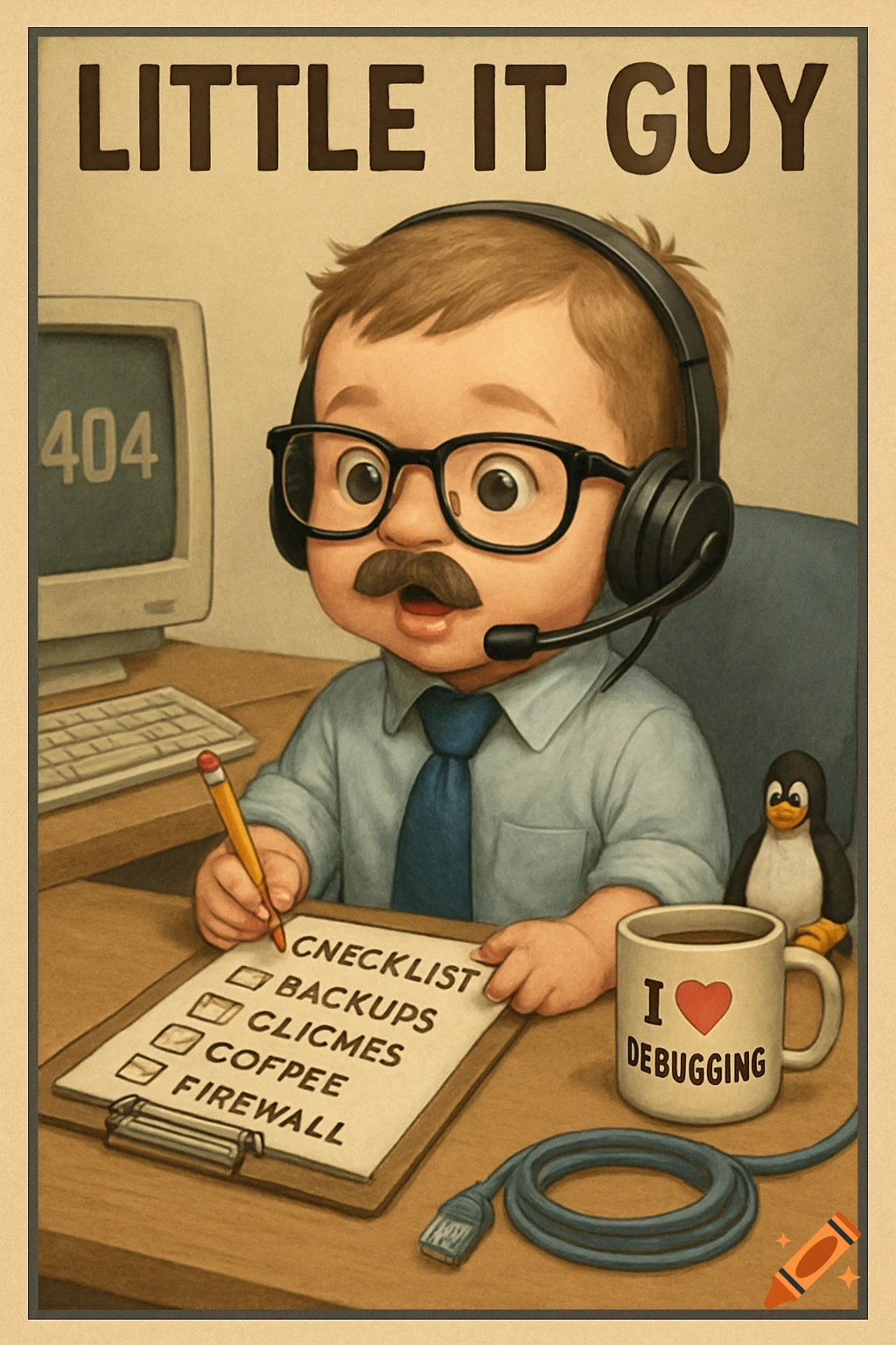 A cartoon poster of a child IT worker with a mustache and headset at a desk with a computer, checklist, penguin, and coffee mug.