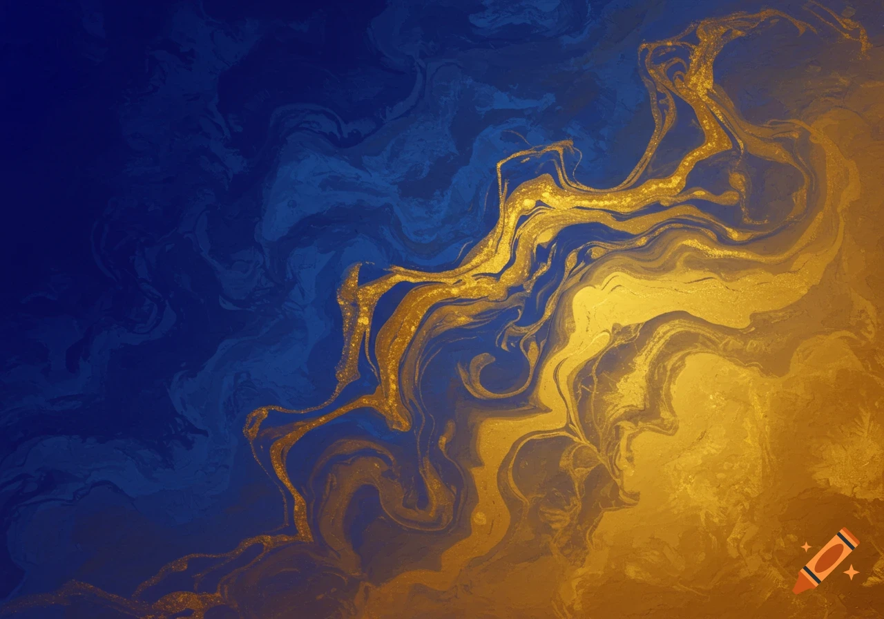 Abstract blue and gold swirling pattern background.
