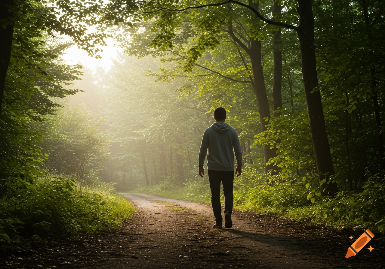A person walks down a path in a misty forest with sun rays shining ...