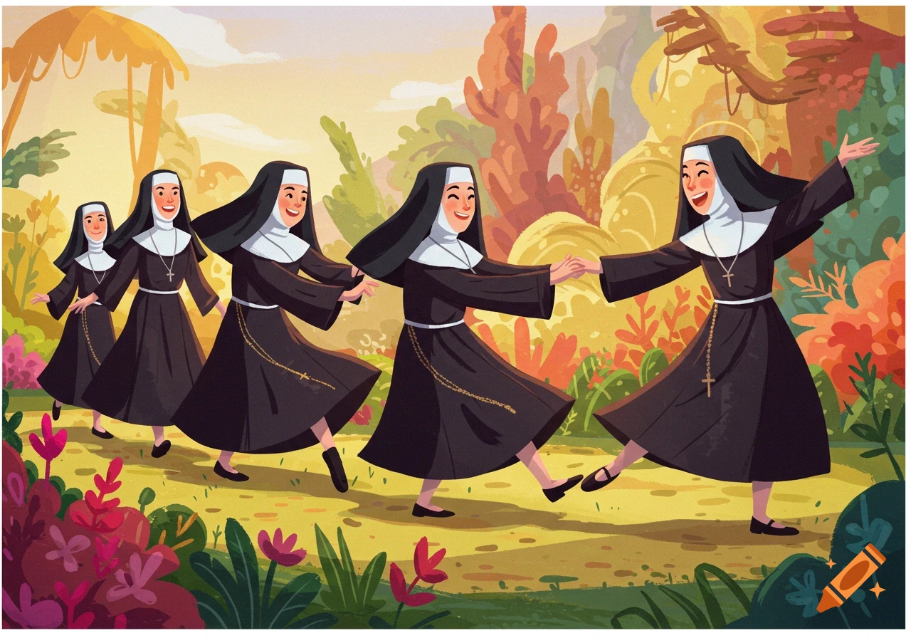 Stylized illustration of nuns dancing in a conga line outdoors.