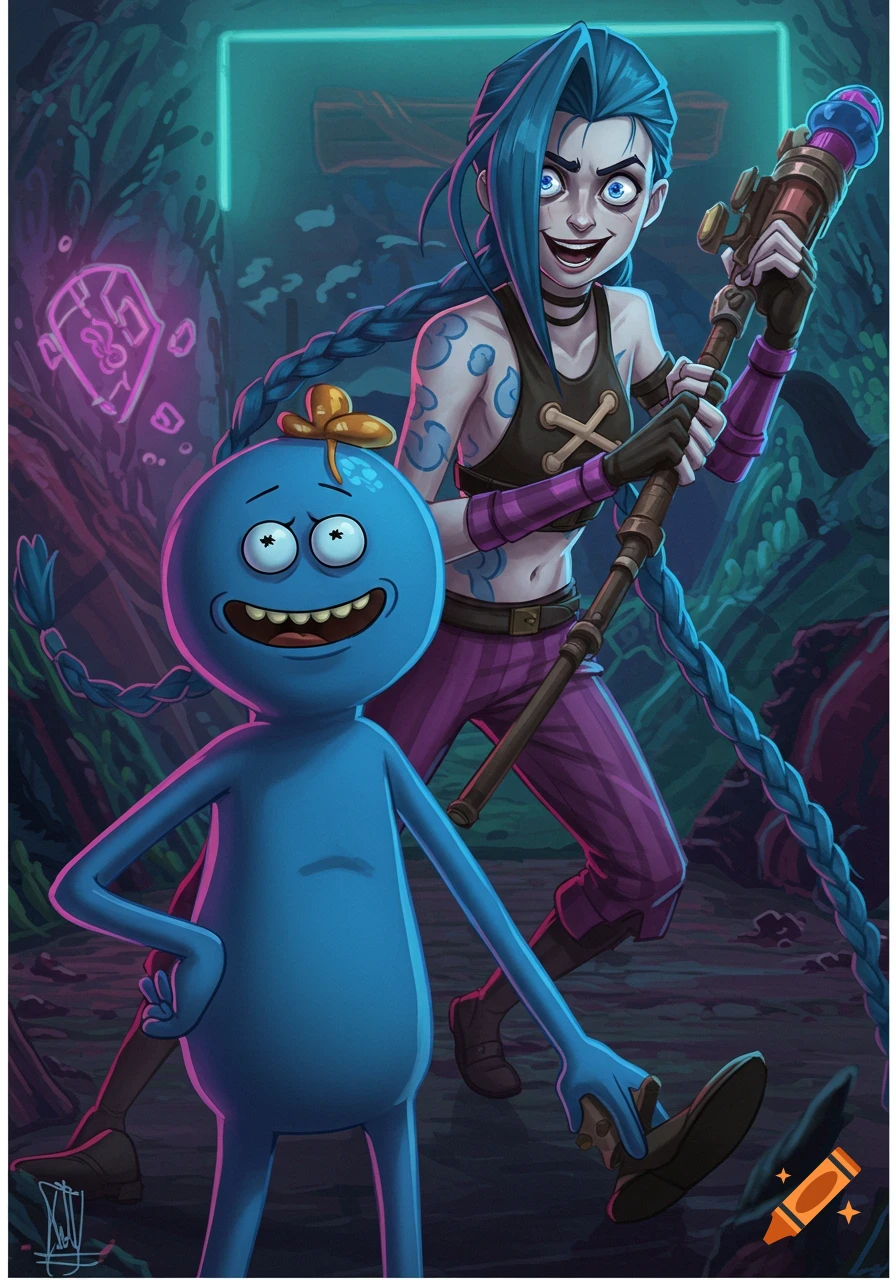 Illustration of Mr. Meeseeks from Rick and Morty and Jinx from Arcane together