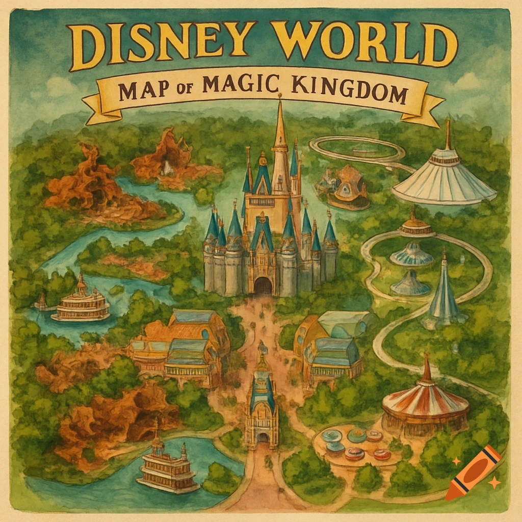 Watercolor style map of Disney World's Magic Kingdom showing the castle, Space Mountain, rivers, and park areas.