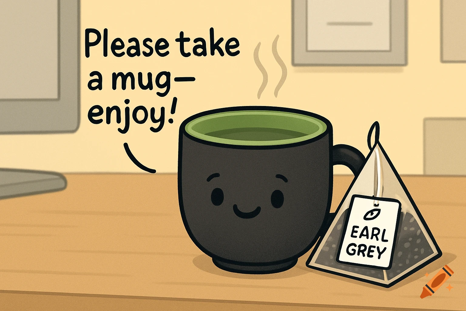 Cute cartoon mug smiling with steam, pyramid Earl Grey tea bag, and text 'Please take a mug —enjoy!'
