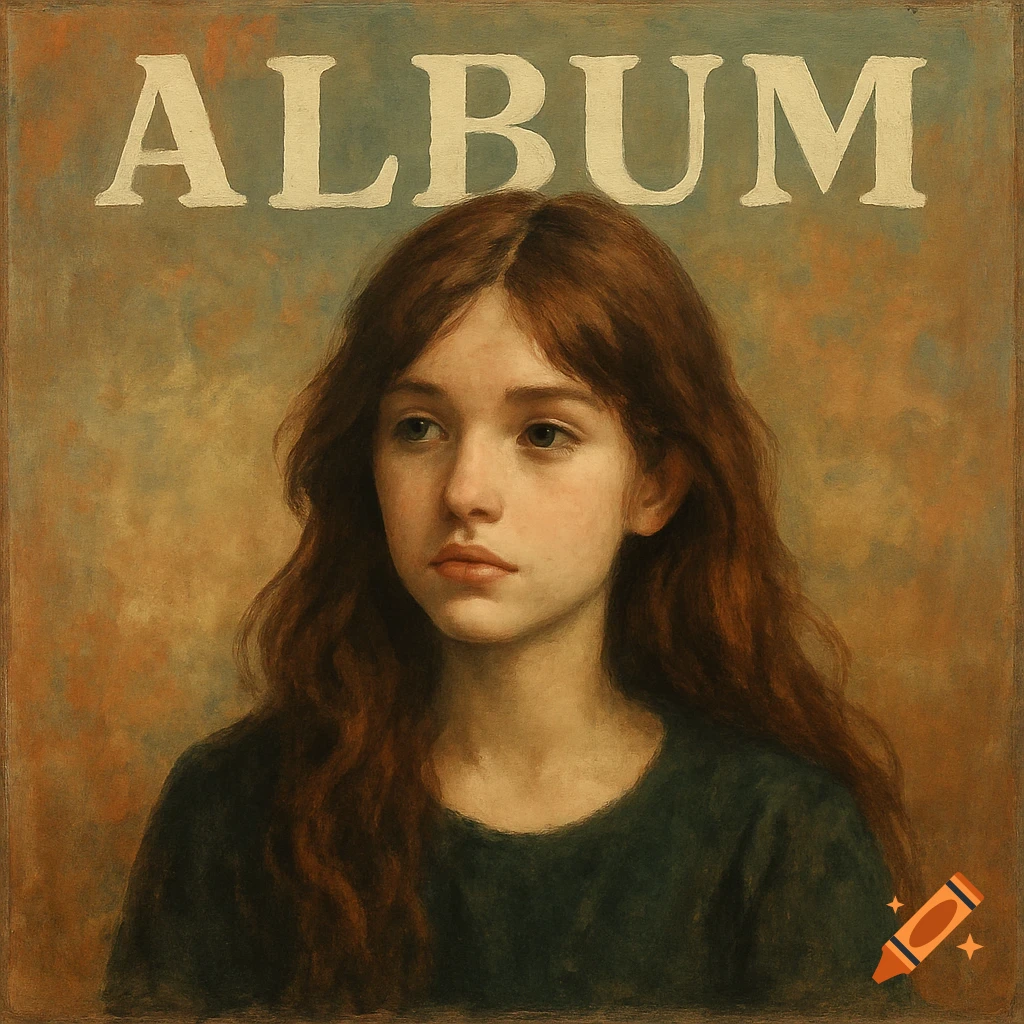 A painterly portrait of a young girl with long brown hair under the word "ALBUM".