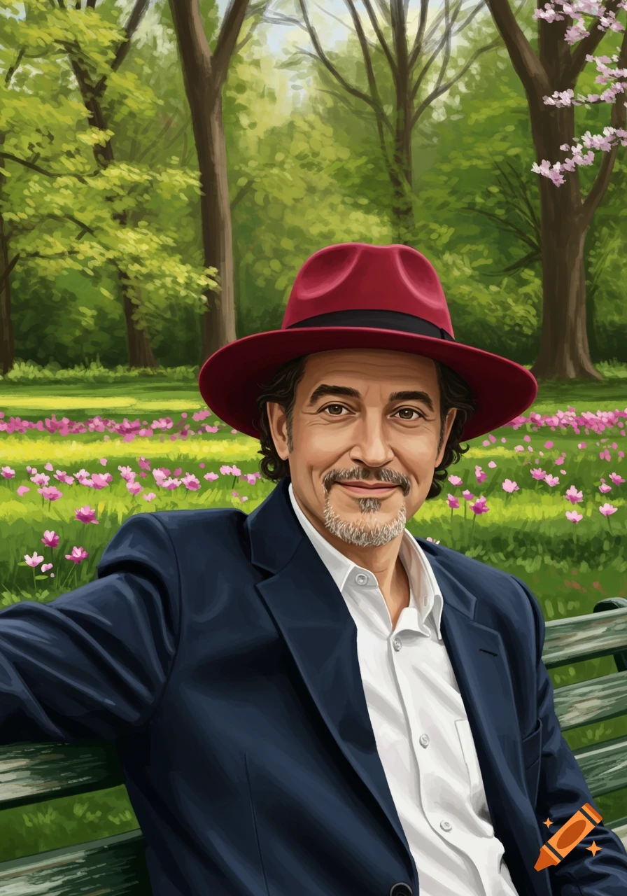 Man in red hat sits on a park bench with flowers and trees in the background, painted style.