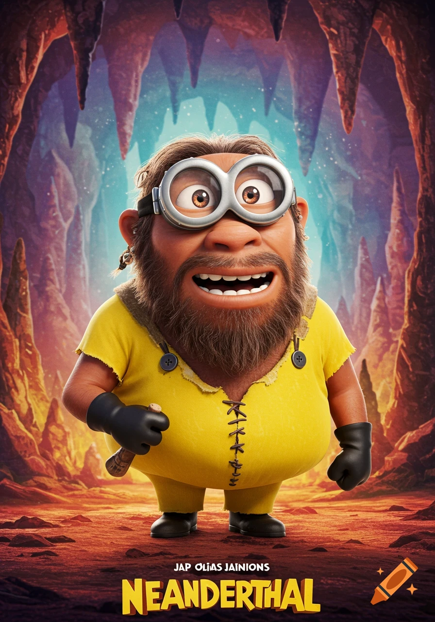 Cartoon Neanderthal character resembling a minion in a cave setting