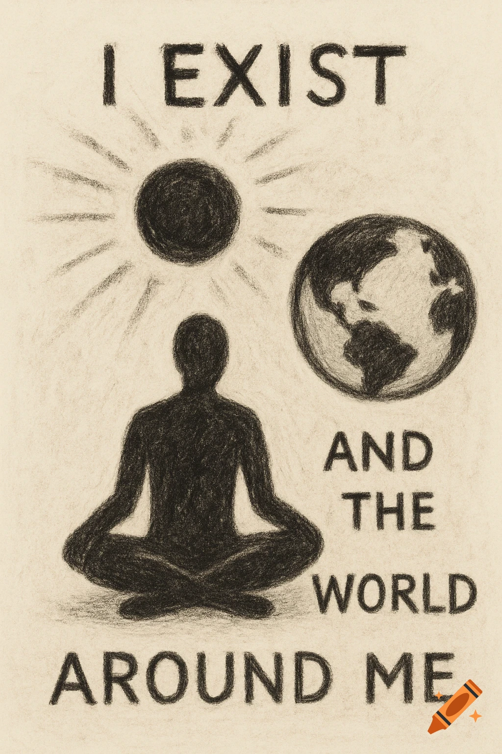 Charcoal drawing of a meditating person silhouette, sun, and Earth, with text 'I EXIST AND THE WORLD AROUND ME'.