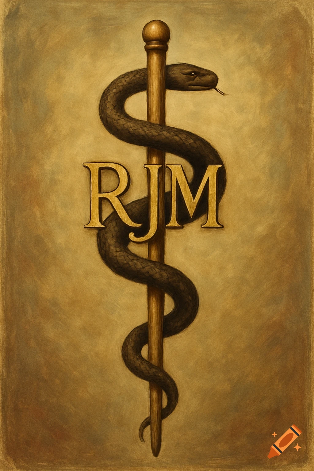 Painting of a snake wrapped around a staff with RJM letters.