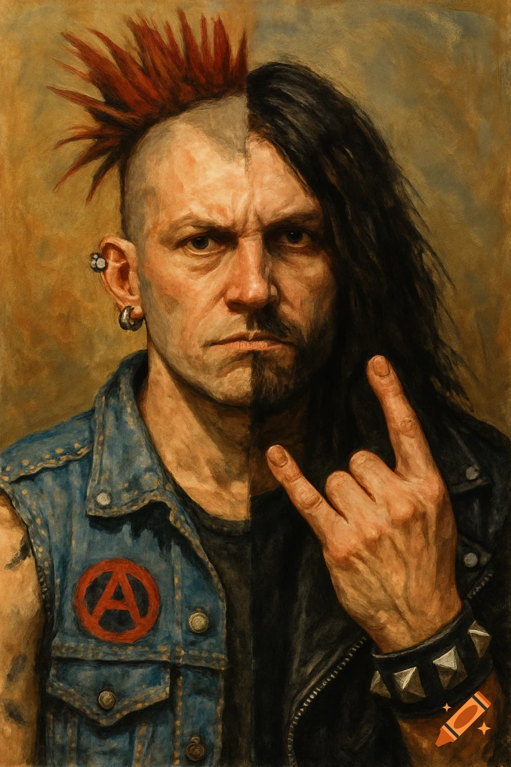 Portrait split between punk and heavy metal styles, with mohawk, long hair, denim vest, leather jacket, and rock hand sign.