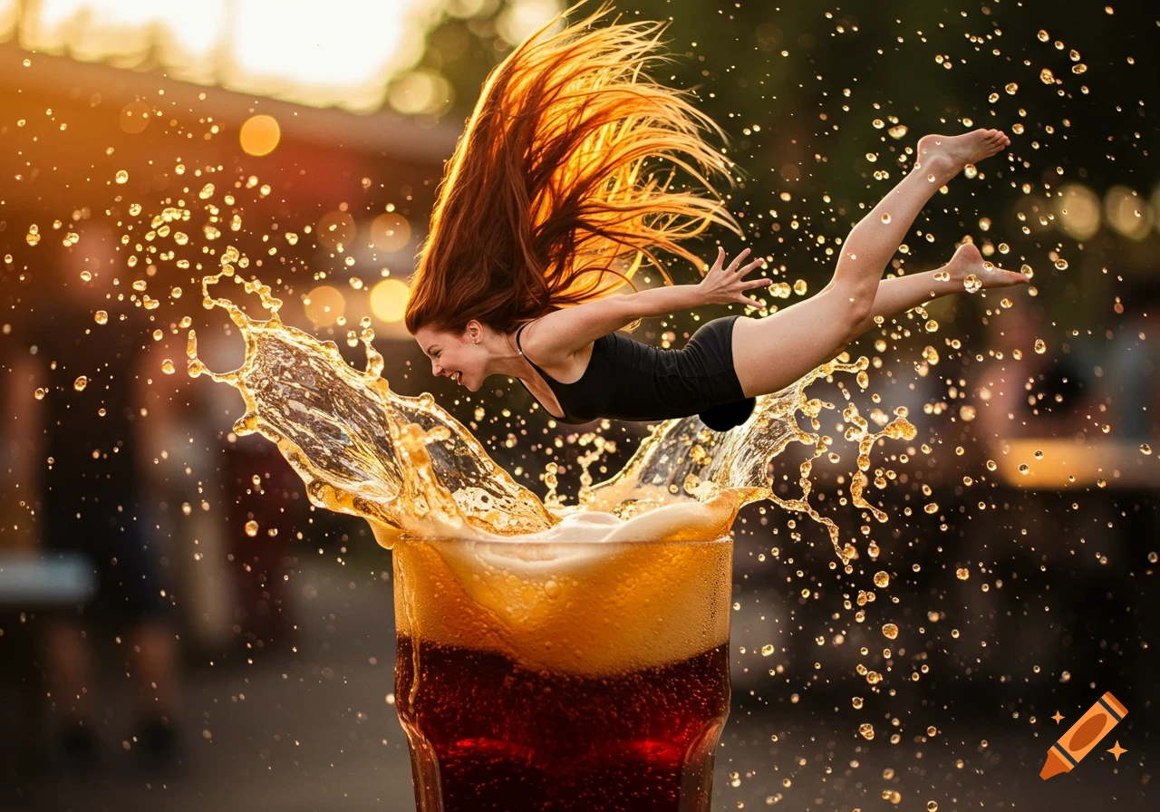 A woman dives headfirst into a large glass of splashing brown liquid, like beer, with her hair flowing.