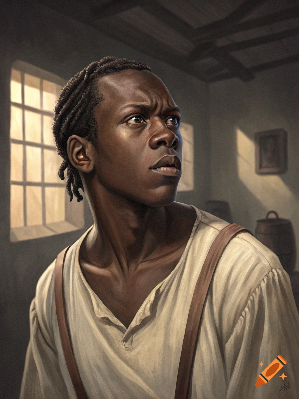 Painting of a young Black man with dreadlocks looking upwards in a room.