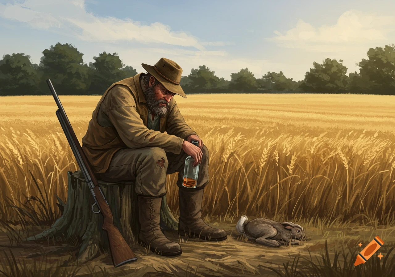 A man sits on a stump in a golden field with a rifle and a dead rabbit, holding a bottle of whiskey. Illustration style.