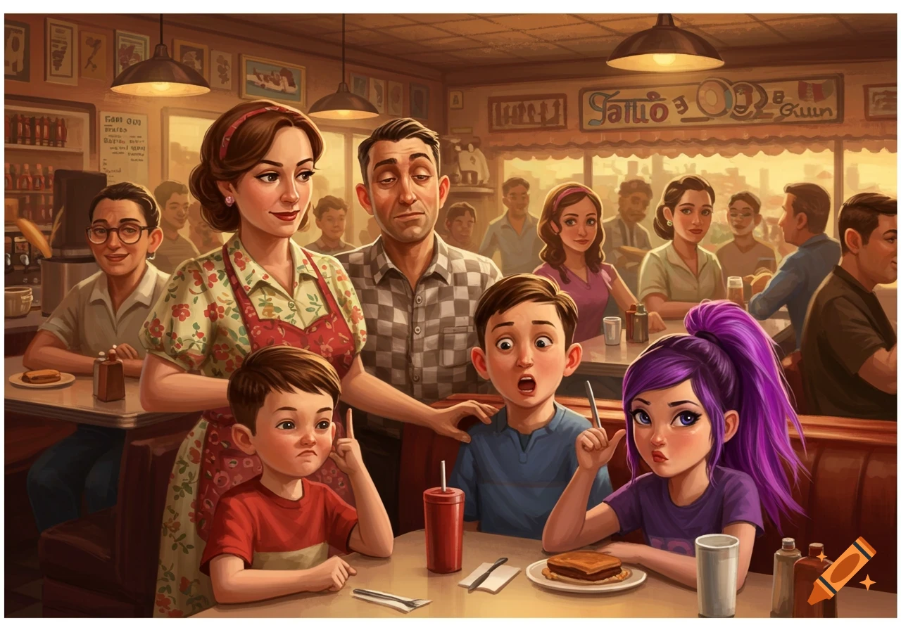 Illustration of a family in a busy diner, with parents and two children at a table.