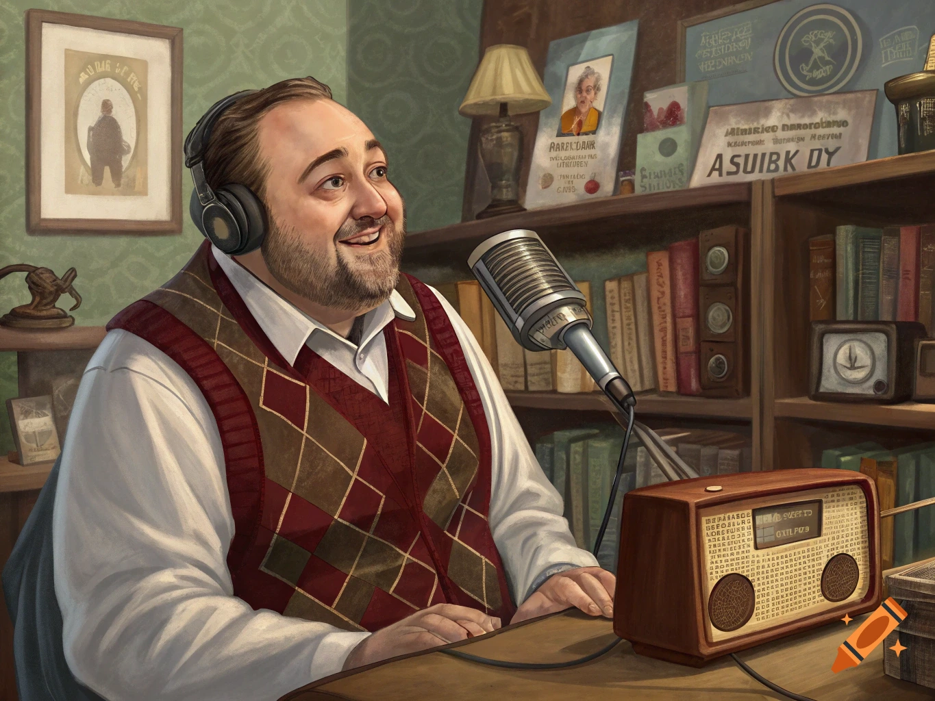 Man wearing headphones and a sweater vest presenting a radio show in a studio.