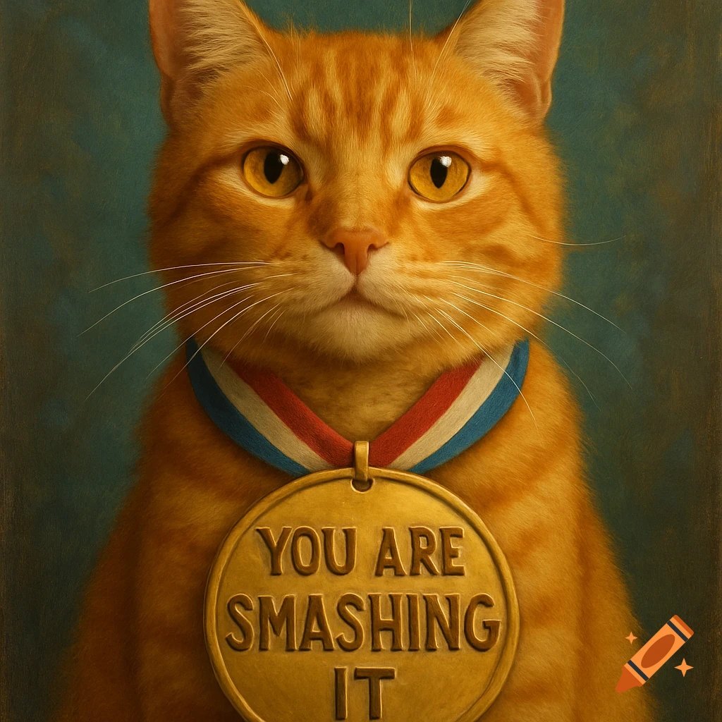 An orange cat wears a gold medal that says 'YOU ARE SMASHING IT'.