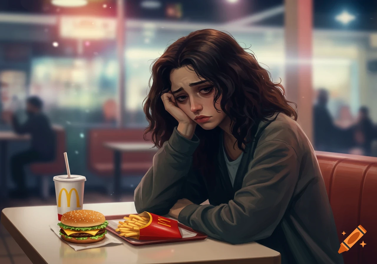 Stylized illustration of a sad woman sitting at a fast food restaurant table with a burger, fries, and drink.