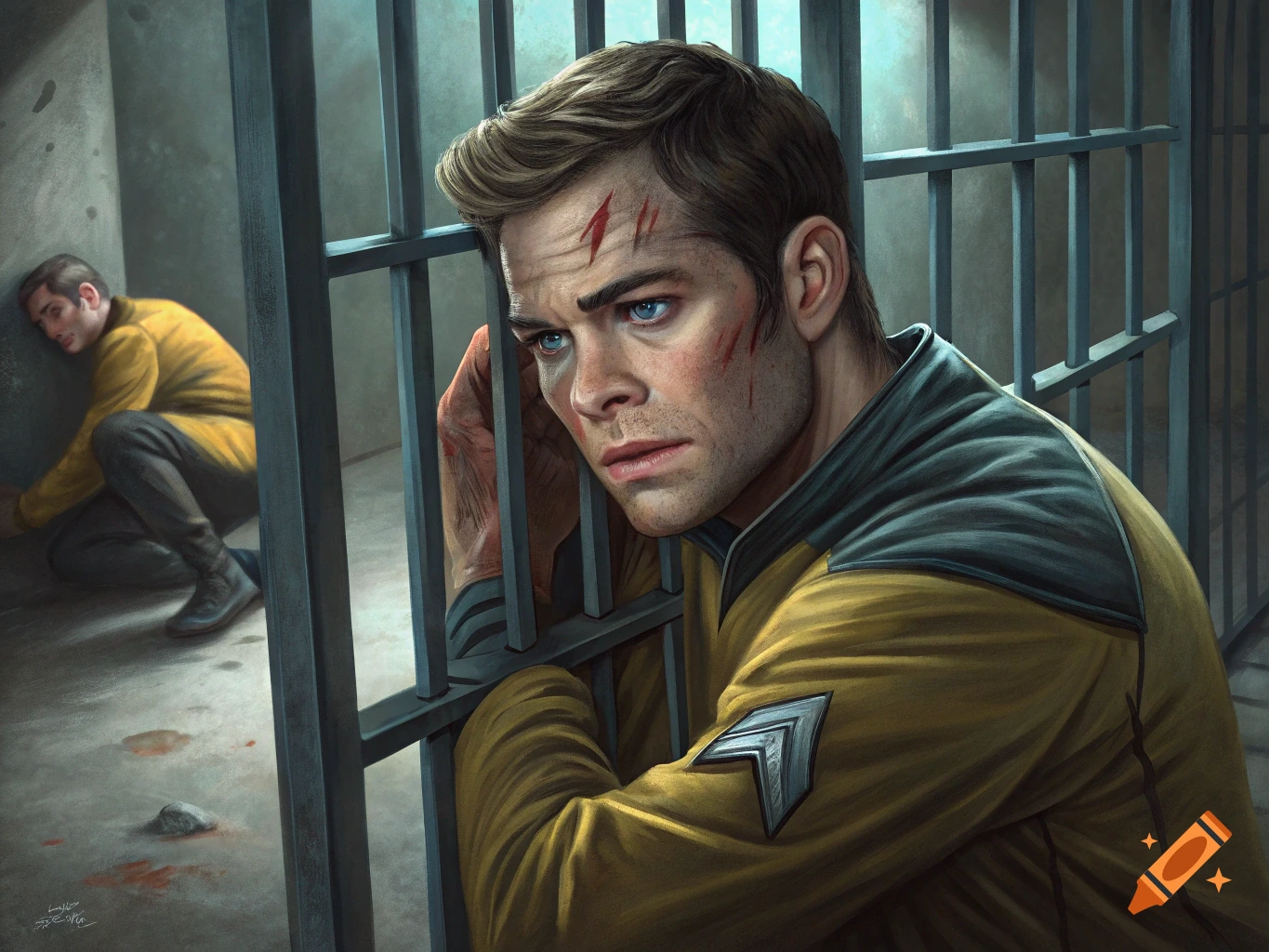 Digital painting of two men in a jail cell, one injured man holding bars in the foreground.