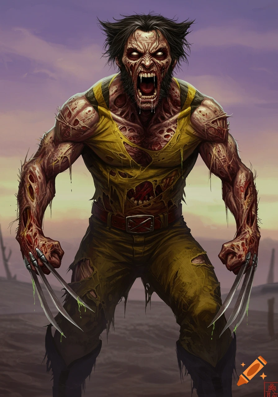 A snarling, zombified Wolverine stands in a wasteland, claws extended, in a detailed comic art style.