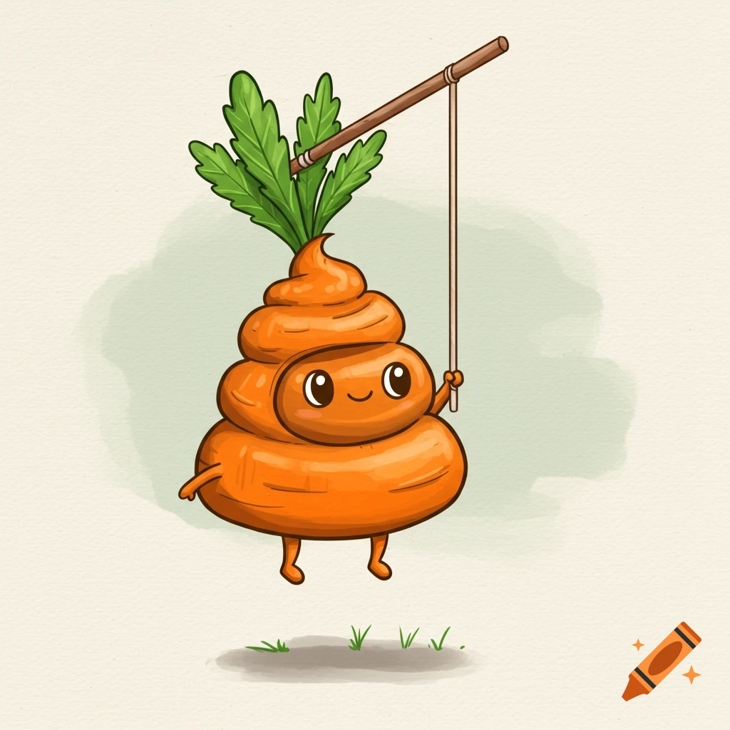 Cartoon illustration of a poop character wearing a carrot costume, being dangled from a stick.