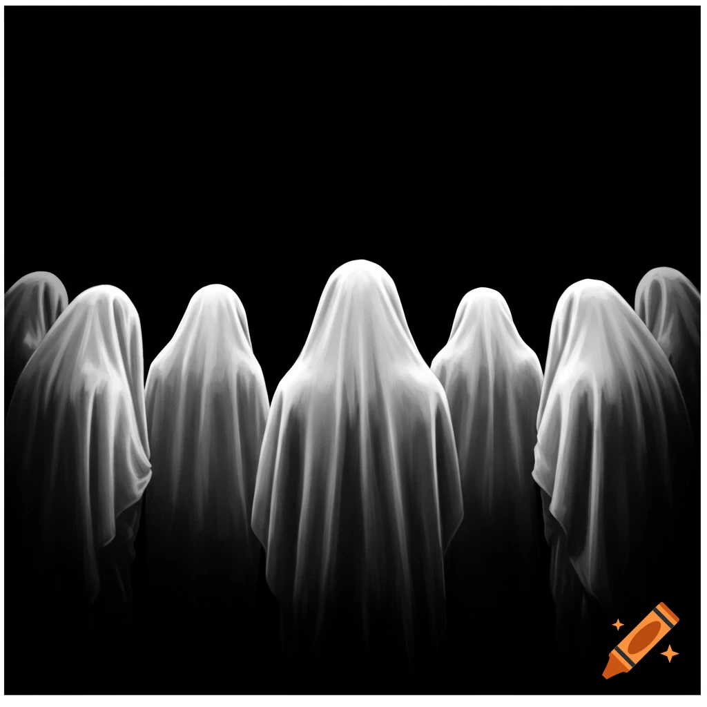 Figures in white sheets stand with their backs to the viewer in darkness.
