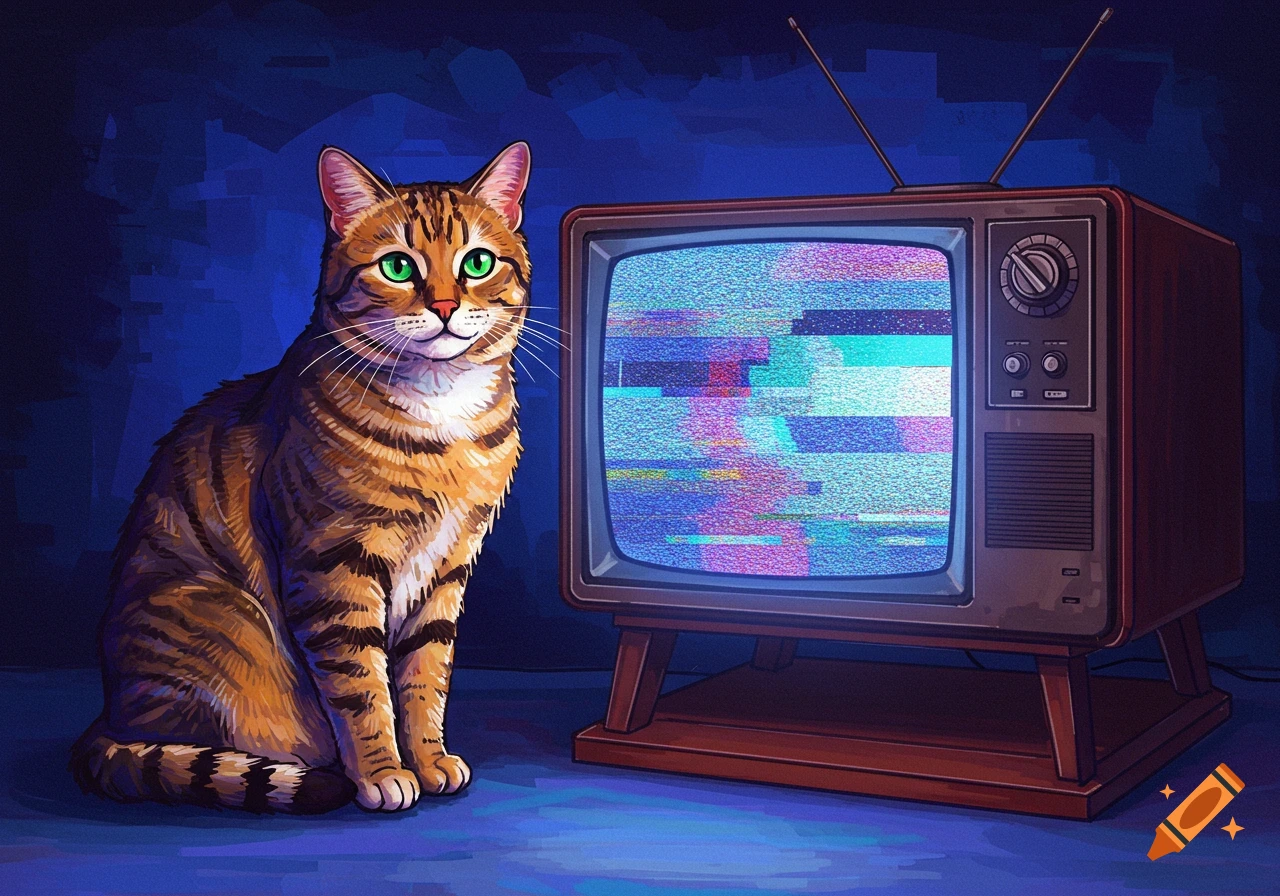 Stylized illustration of a tabby cat sitting next to a glitchy retro television.