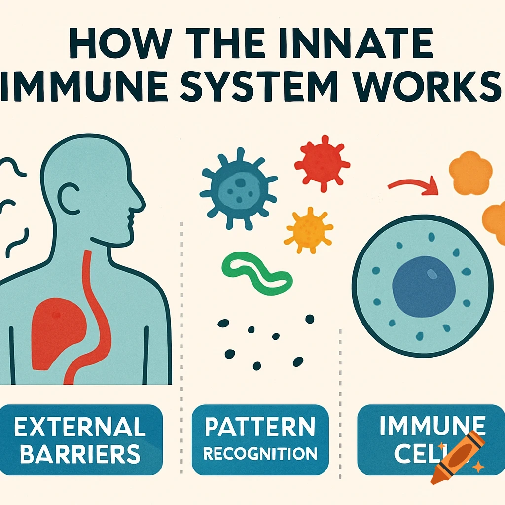 Illustration showing a diagram of how the innate immune system works, with a human figure, pathogens, and immune cells.