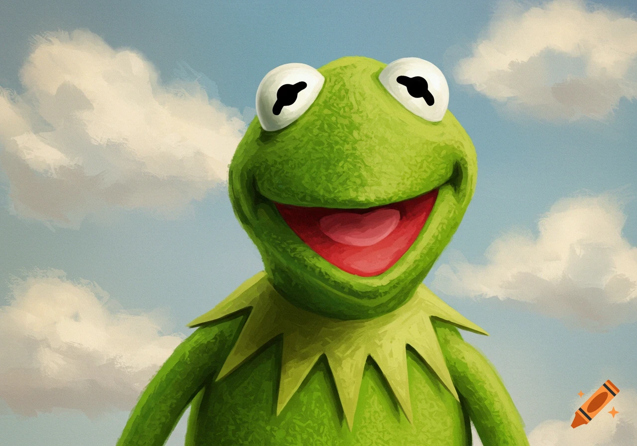 A digital painting of Kermit the Frog smiling against a cloudy blue sky.