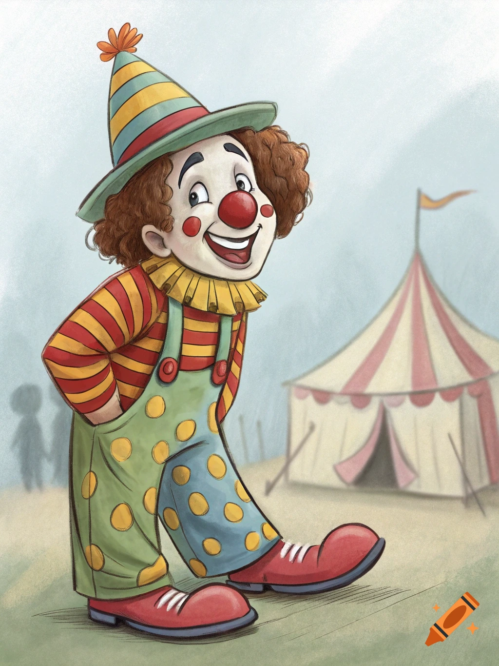 Illustration of a smiling cartoon clown in colorful clothes in front of a circus tent.