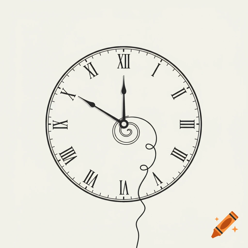 A line drawing of a clock face with Roman numerals and a spiral design.