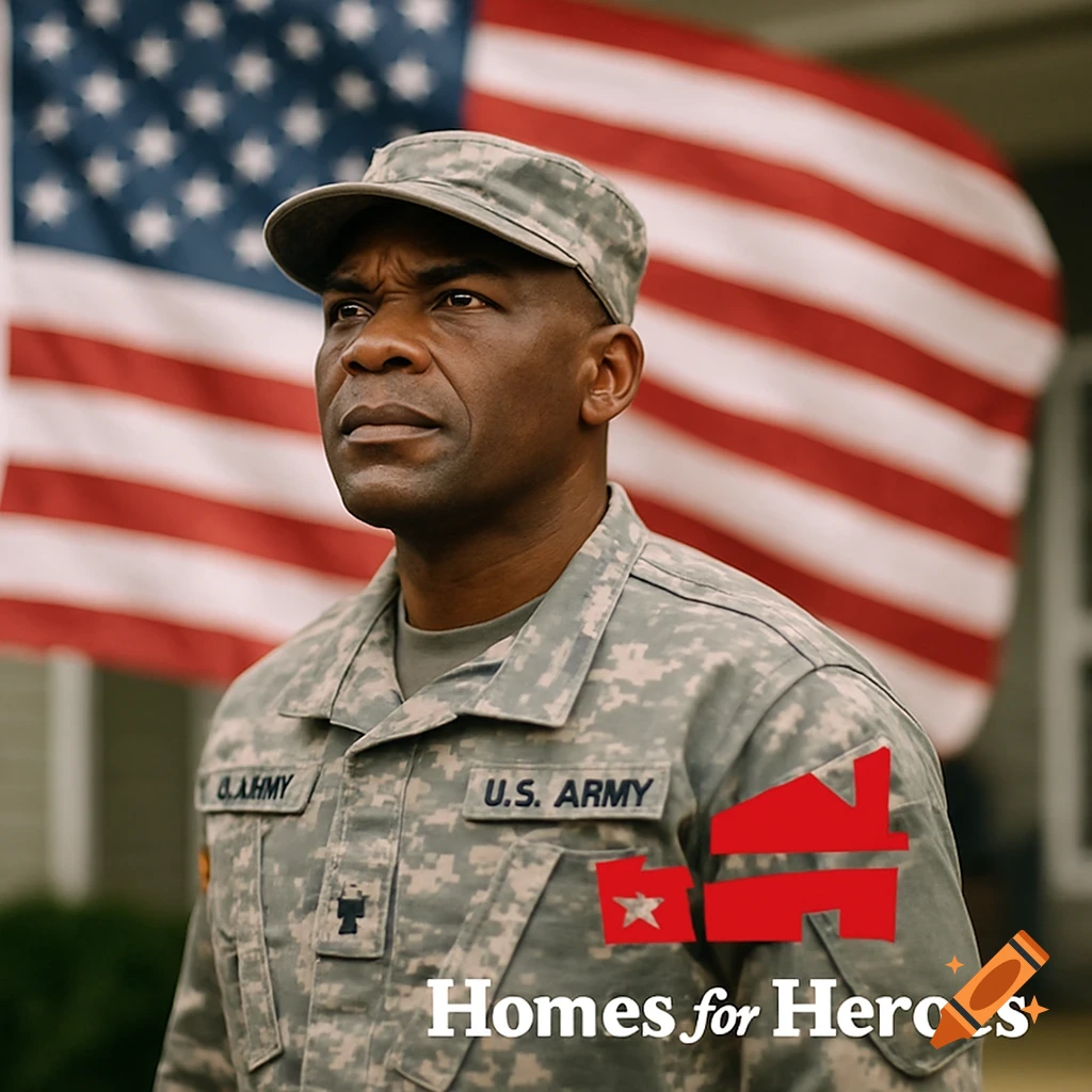A soldier in uniform stands in front of an American flag with "Homes for Heroes" text overlayed.