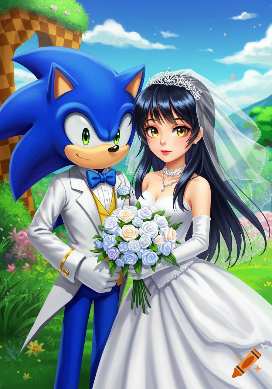 Sonic the Hedgehog and an anime girl are a wedding couple, standing outdoors holding a bouquet.