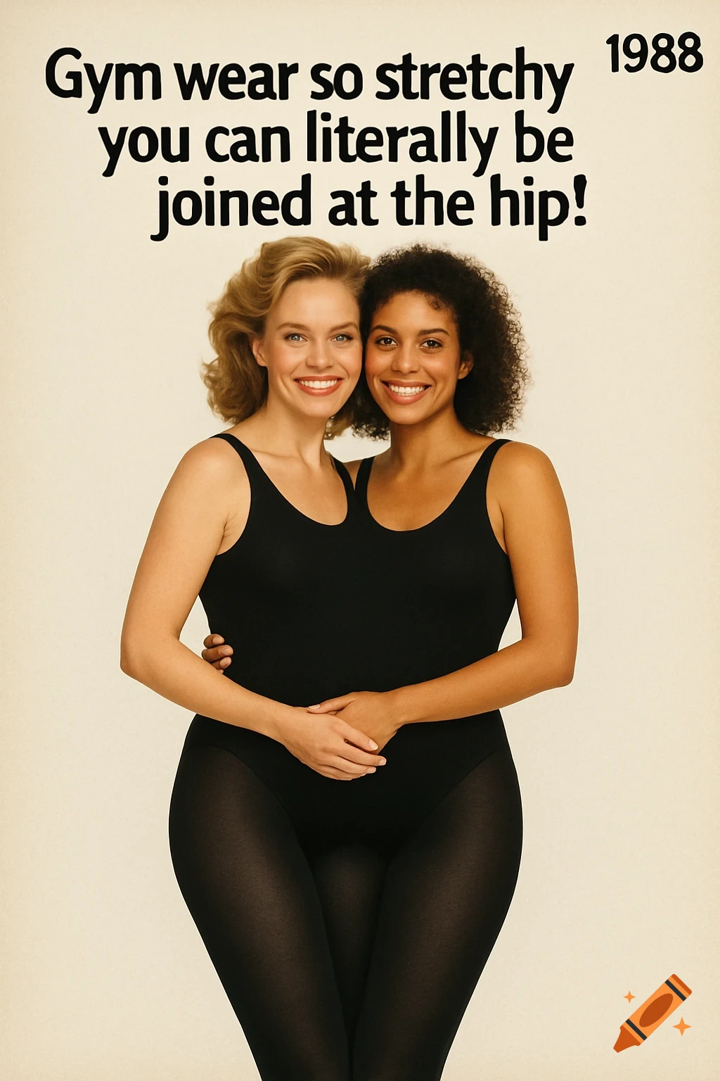 Two women share a leotard and tights in a vintage style ad with text