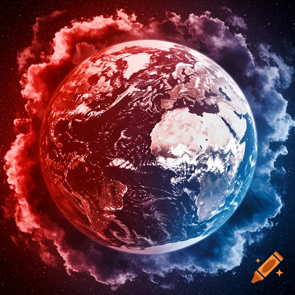 Earth in space surrounded by red and blue clouds