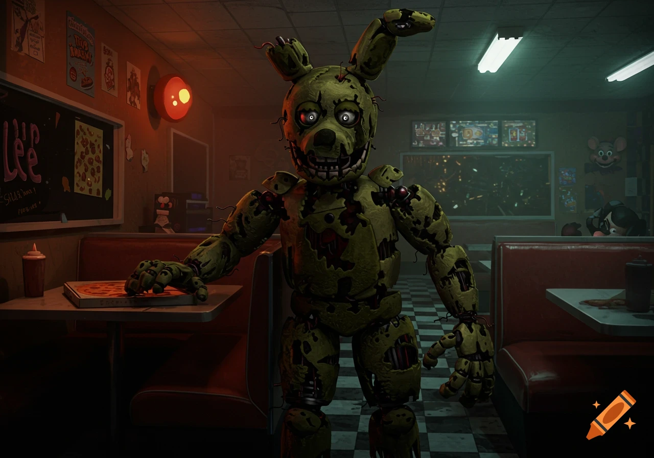 A dilapidated green animatronic bunny stands in a dimly lit diner setting.