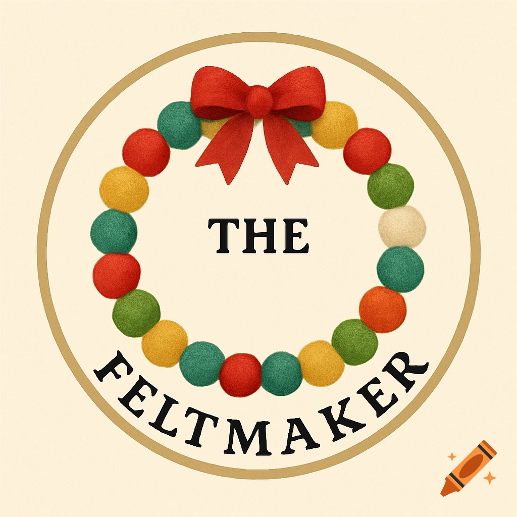 Logo for The Feltmaker: a colorful felt ball wreath with a red bow.
