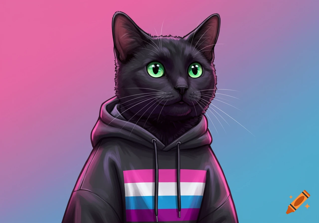 Illustration of a black cat wearing a hoodie with the Genderfluid flag.
