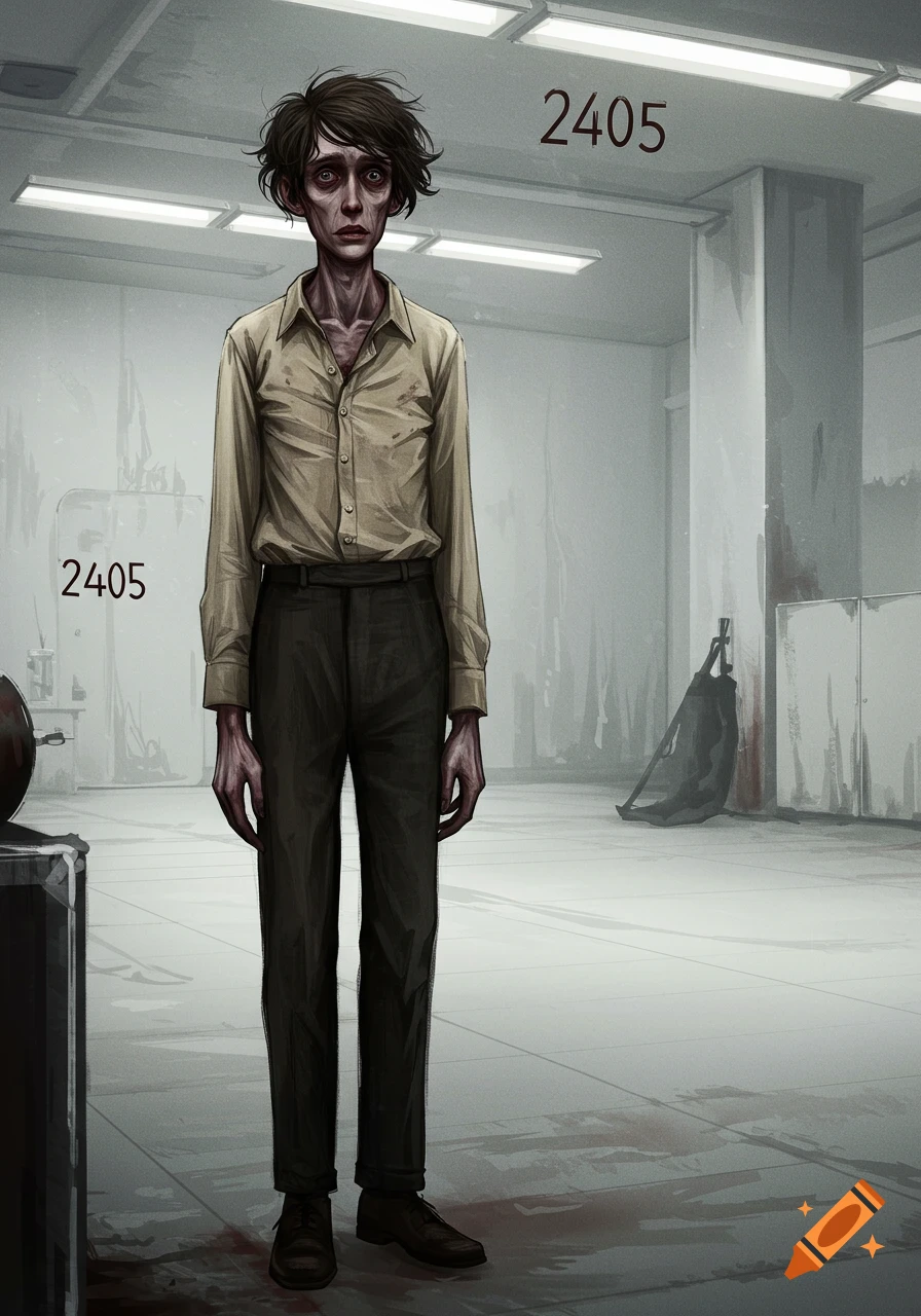 Illustration of a gaunt person in a sterile room with bloodstains.