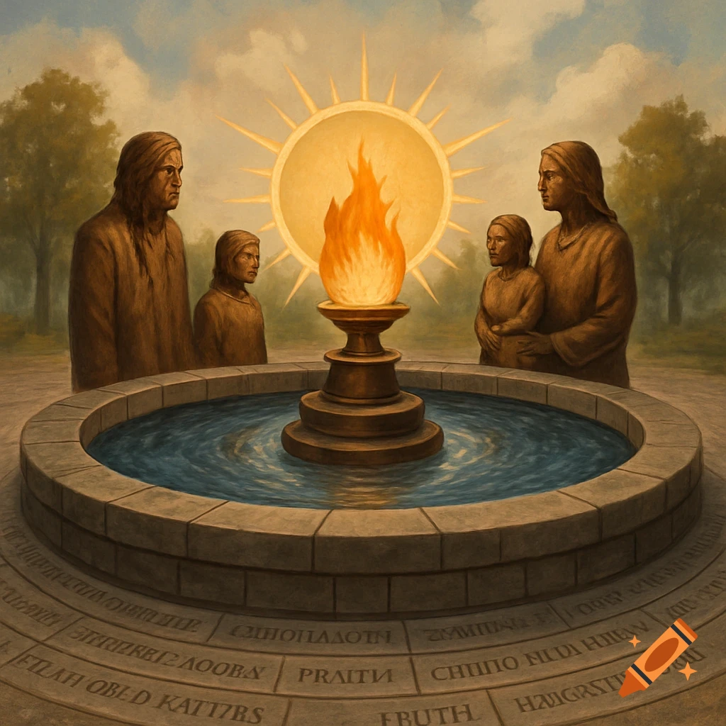 Four large figures stand around a circular stone fountain with a central flame and sun symbol.