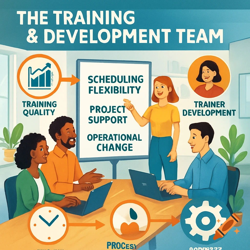 Illustration of a diverse team in an office meeting discussing training and development, with concept labels and icons.