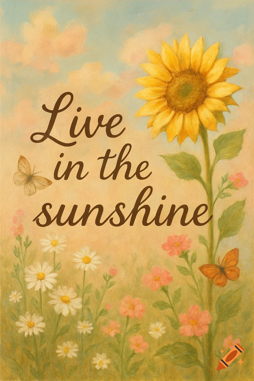Painterly illustration of a sunflower, daisies, and butterflies with text 'Live in the sunshine' under a cloudy sky.