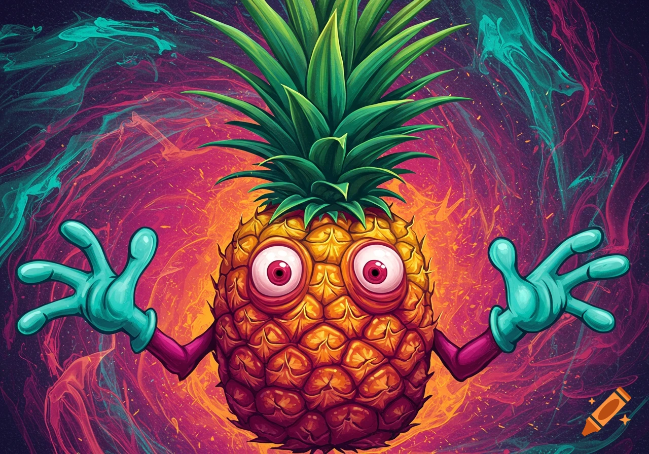 Cartoon pineapple character with large eyes and gloves against a vibrant abstract background.