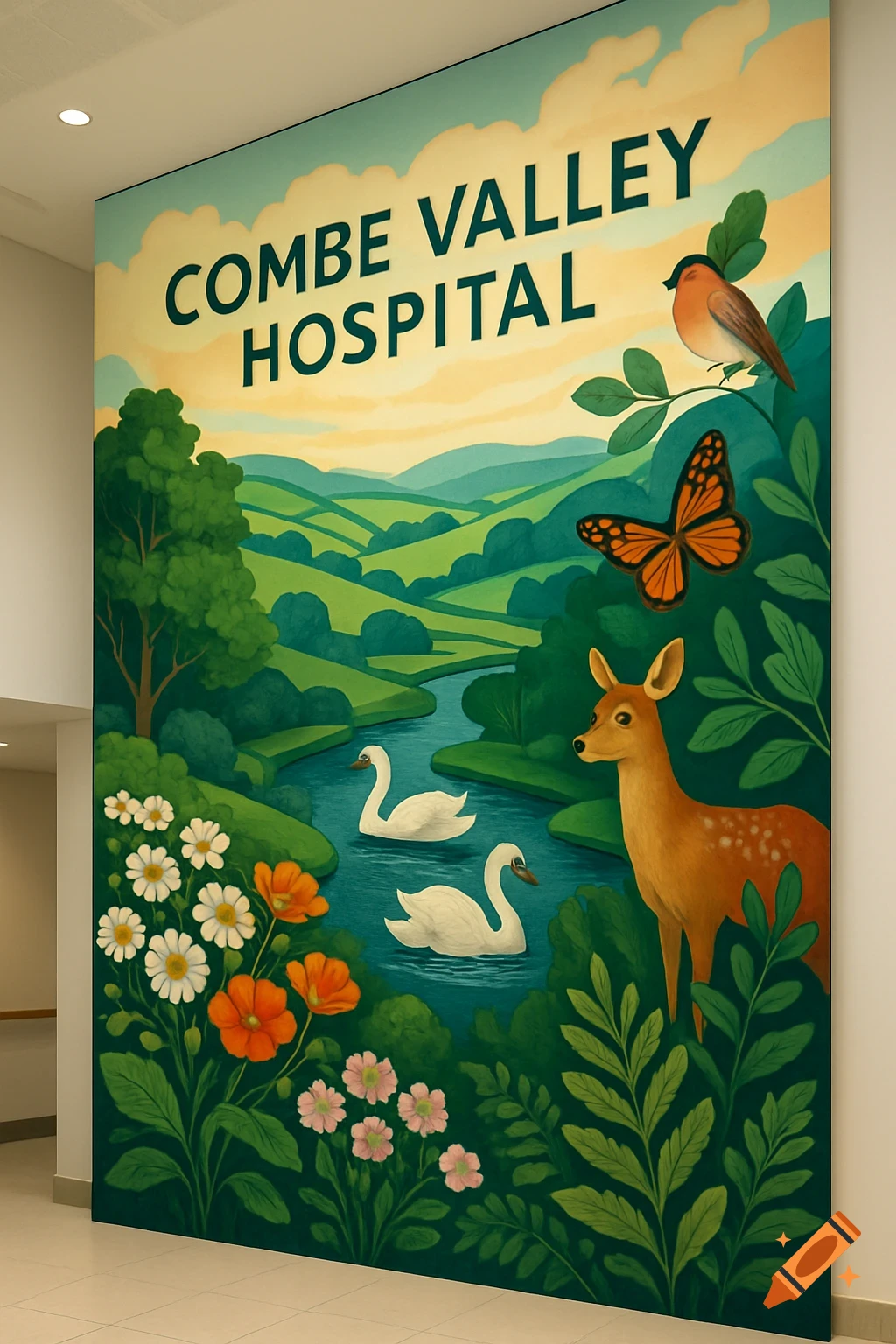 Mural of a valley landscape with swans, deer, butterfly, bird, flowers, and text 'COMBE VALLEY HOSPITAL'