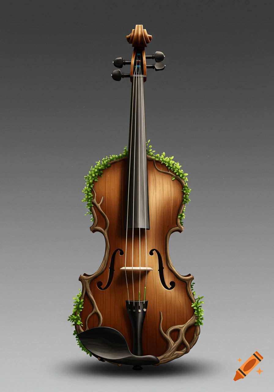 A violin-like musical instrument with a body made from wood and intertwined roots and leaves stands against a gray background.