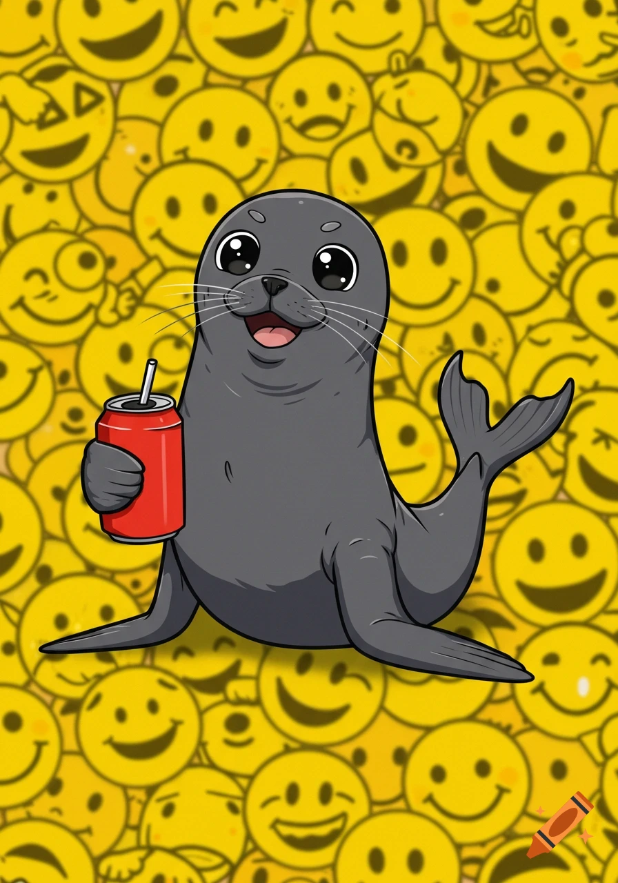 Cartoon seal holding a soda can with a background of yellow smiley faces.